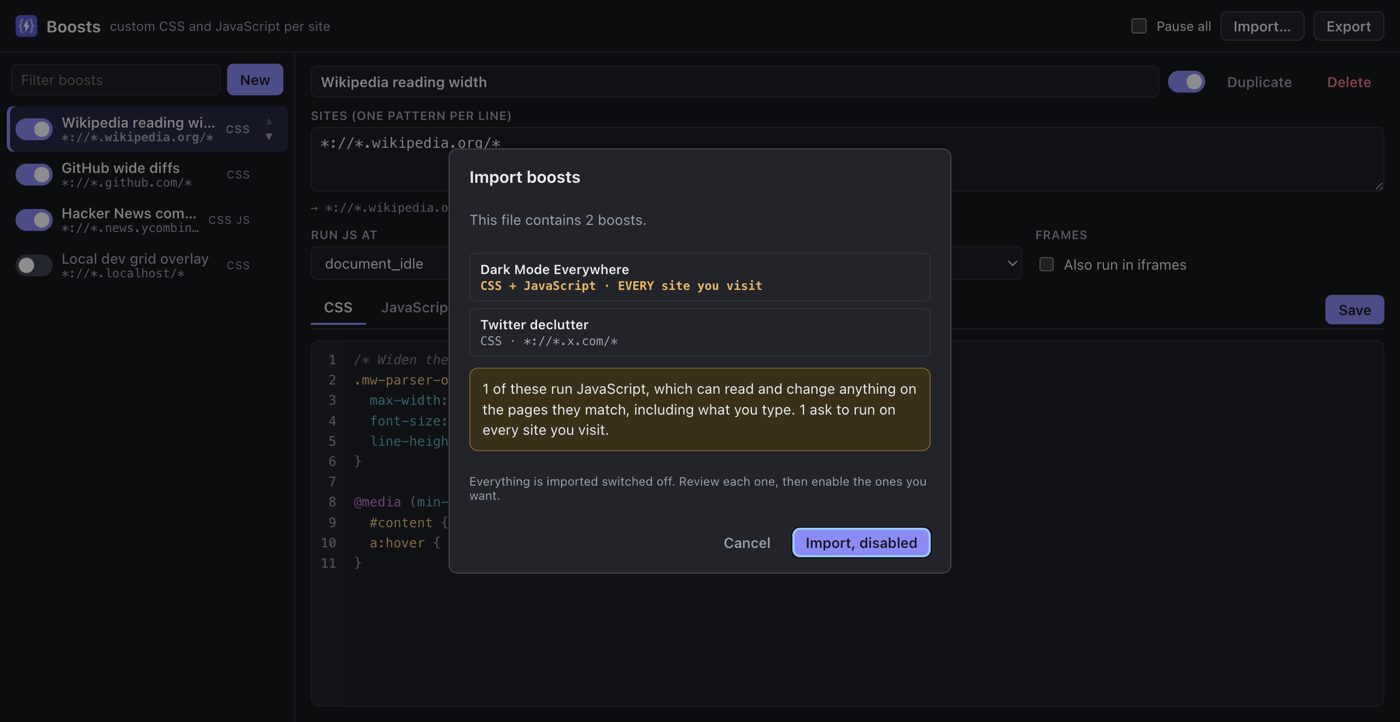 The import dialog warning that a boost wants to run JavaScript on every site