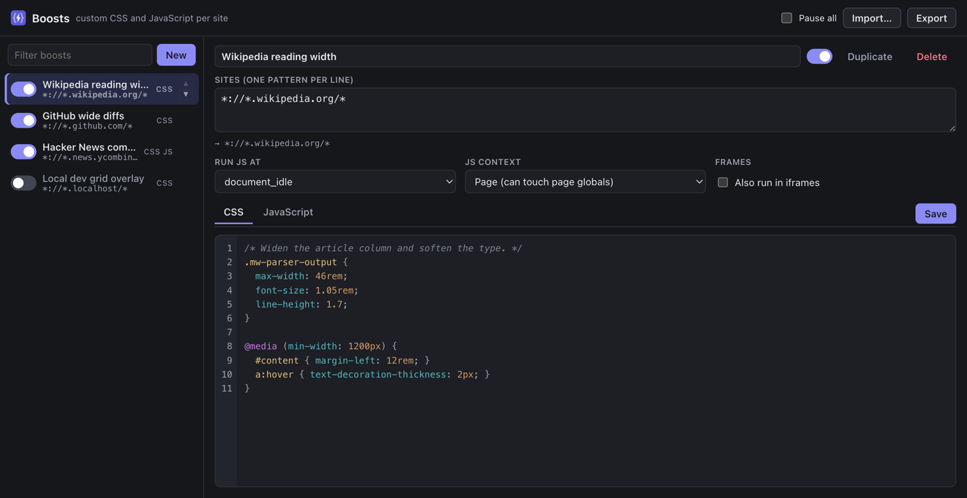 The Boosts manager, editing a CSS boost for Wikipedia