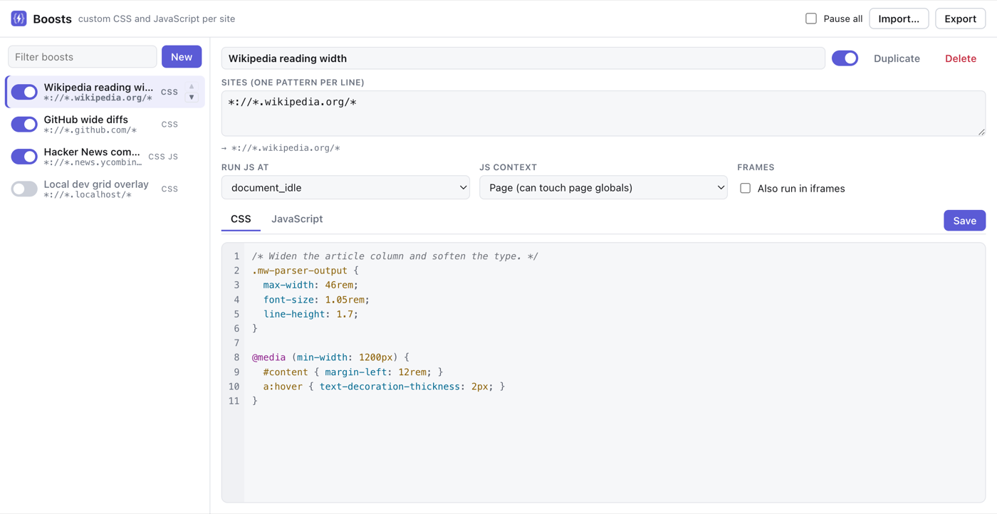 The Boosts manager in its light theme