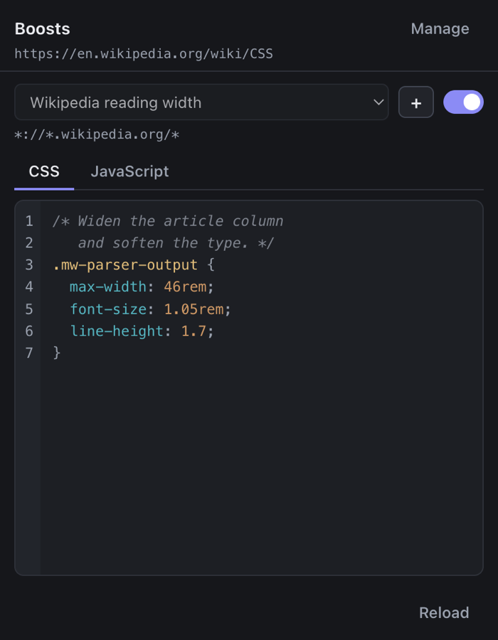 The Boosts popup open on a Wikipedia article, editing the CSS that applies to it